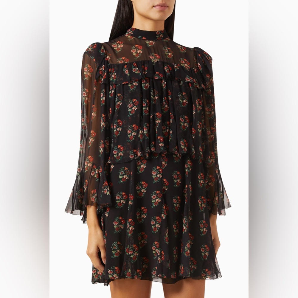 DÔEN Alette Ruffled Tiered Floral-print Silk-georgette Mini Dress - Black size S